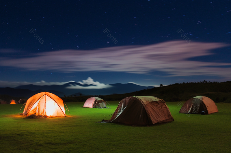 在晴朗的夜晚草原山高地上露营帐篷,高清,摄影图,摄影图片,图片大全,摄影图免费下载
